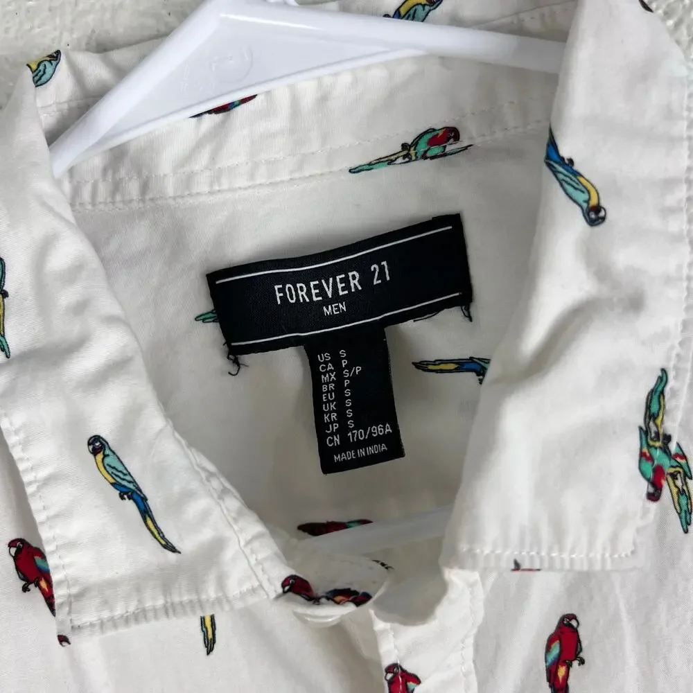Forever 21 Men White Parrot Print Short Sleeve Button Up Shirt Small - Picture 4 of 8